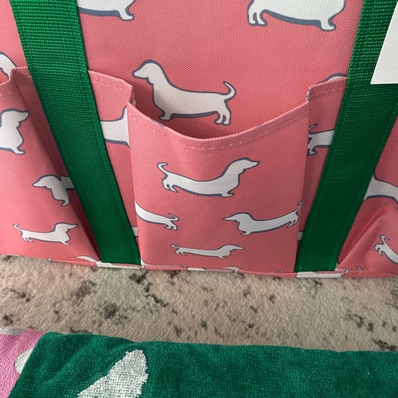 NWT Pink & Green Dachshund Dog Travel Beach Swim Tote Bag & Matching Towel Set - Picture 2 of 7
